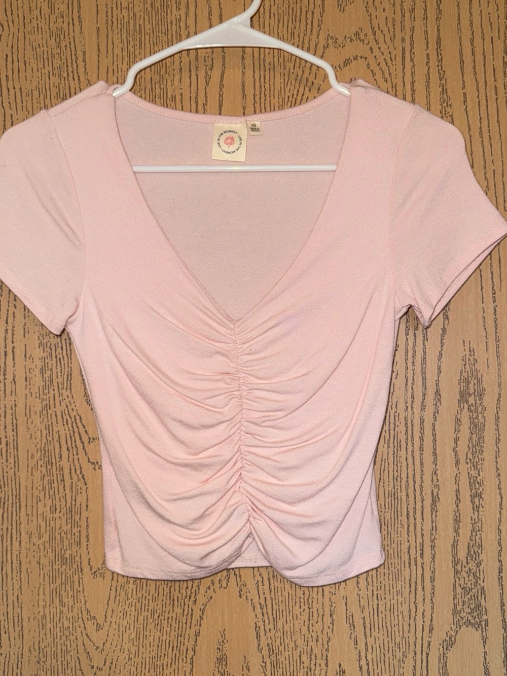 Ruched V-Neck Crop Top in Light Pink